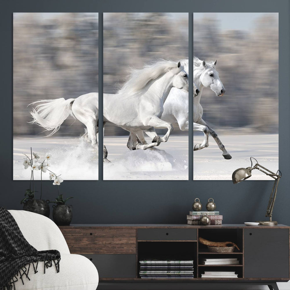 Museum-quality All The White Horses canvas print of two white horses in snow, ready to hang.