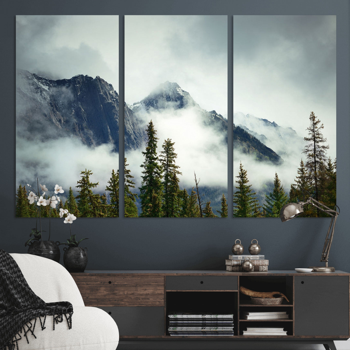 MGV-CV-48X32-3P - Mountain Mist Canvas Wall Art | 3-Panel Foggy Forest and Mountain Landscape | Large Giclee Print for Living Room, Office, or Cabin, Farmhouse Decor