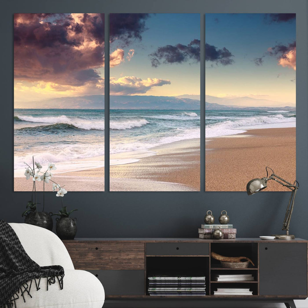 The dining area is enhanced with the Cloudy Weather Beach Sunset Canvas Print.