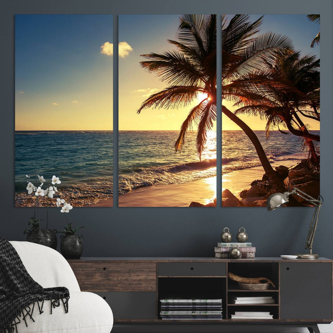 Sunset Palm Trees Wall Art Canvas Print: a serene beach scene on museum-quality canvas.