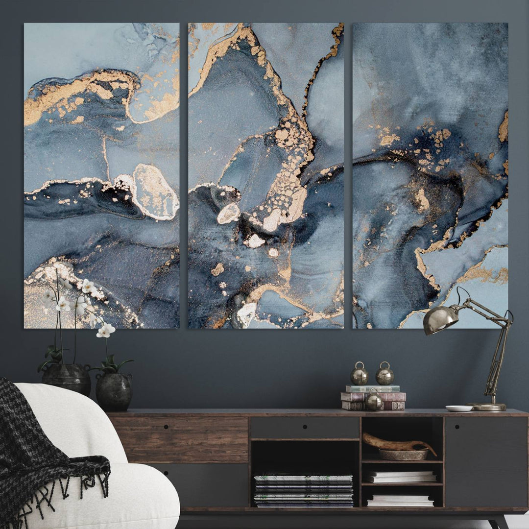 A Multipanel Marble Fluid Effect Canvas Print hangs prominently on the wall.