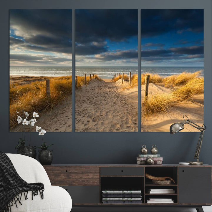 Museum-quality Ocean Beach Dark Clouds canvas print.