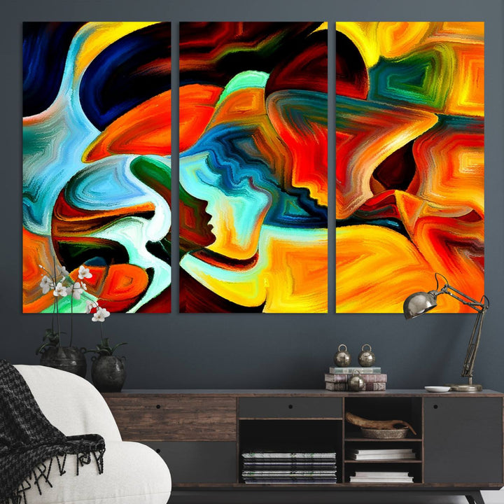 The kitchen wall features the Human Love Figures Abstract Wall Art Canvas Print.