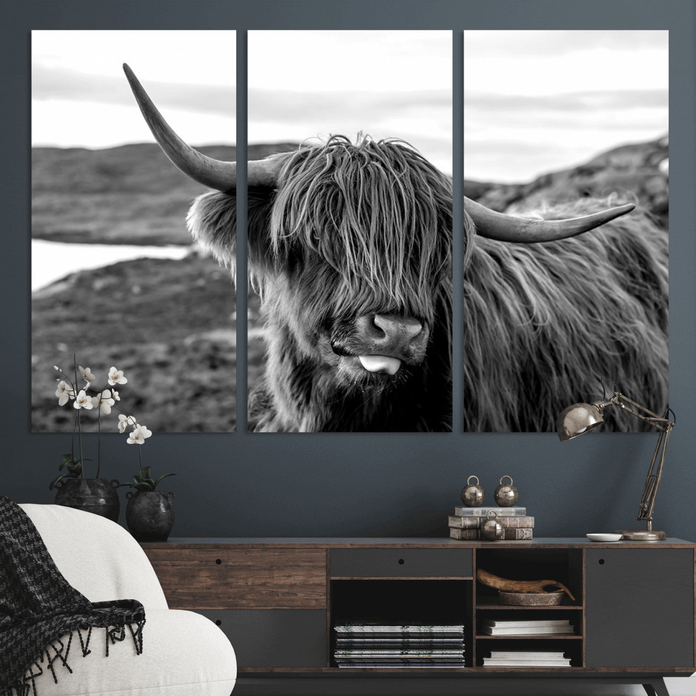 MGV-CV-48X32-3P - Highland Cow Canvas Wall Art – Black and White Animal Portrait – Framed and Ready to Hang Rustic Farmhouse Decor for Living Room or Office