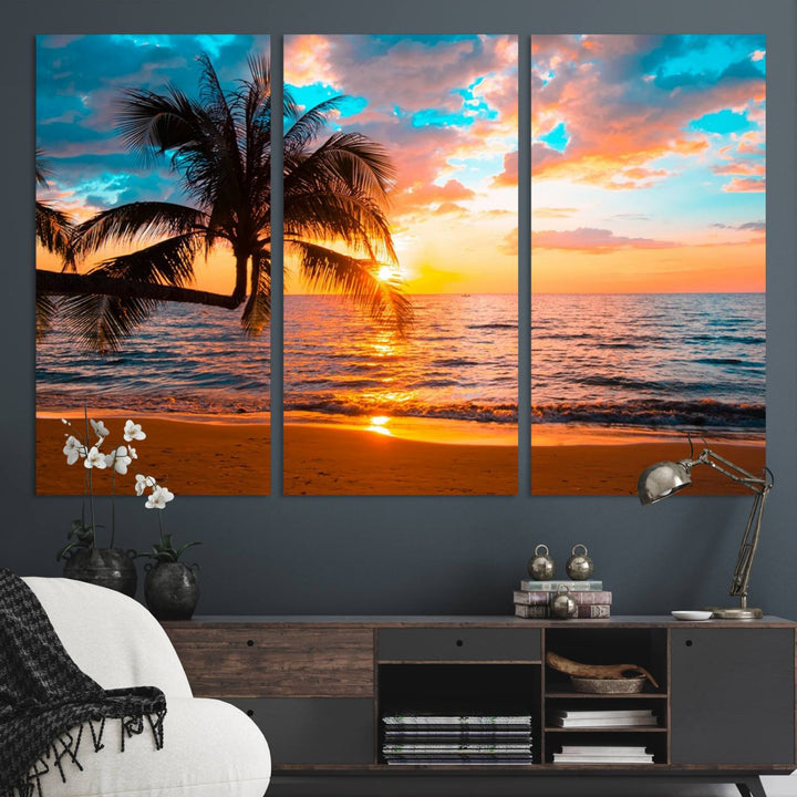 The Palm Tree Sunset On The Beach ready-to-hang canvas wall art—museum quality—brings a serene atmosphere to the room.