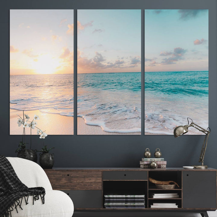 The room features a 3-panel Tranquil Ocean Beach Sunset Canvas Wall Art.