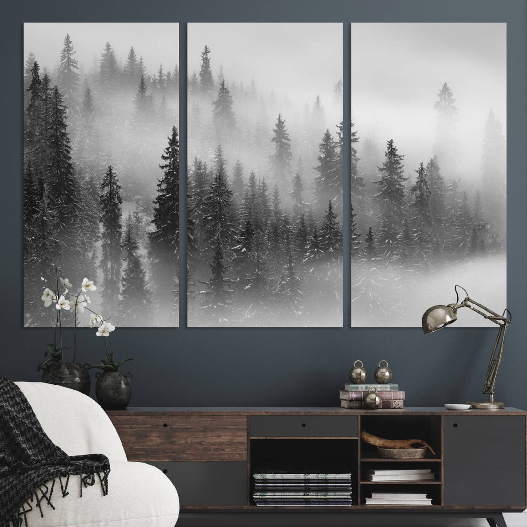 A stunning Foggy Misty Forest Canvas Wall Art adorns the kitchen wall.