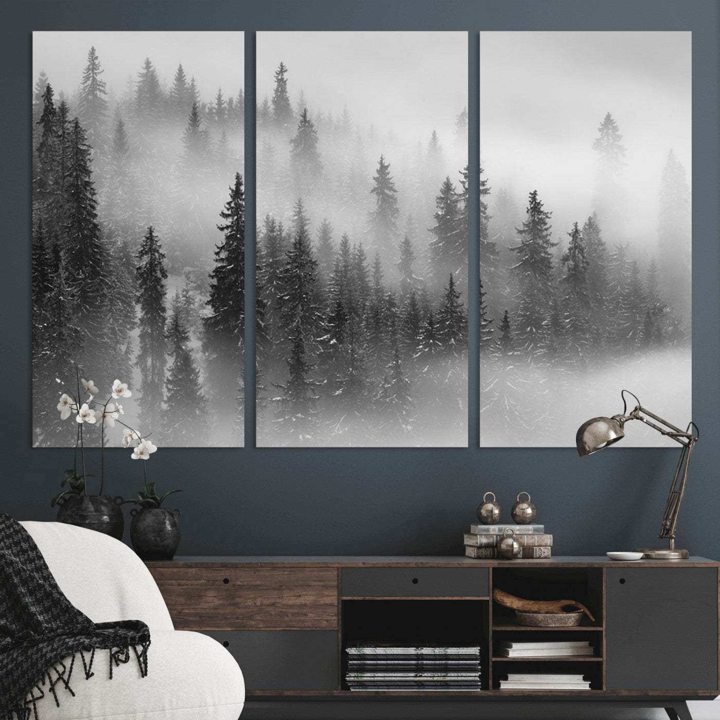 MGV-CV-48X32-3P - Black and White Forest Wall Art Print – Misty Pine Tree Canvas Print – Winter Woodland Nature Artwork – Perfect for Minimalist Home Decor