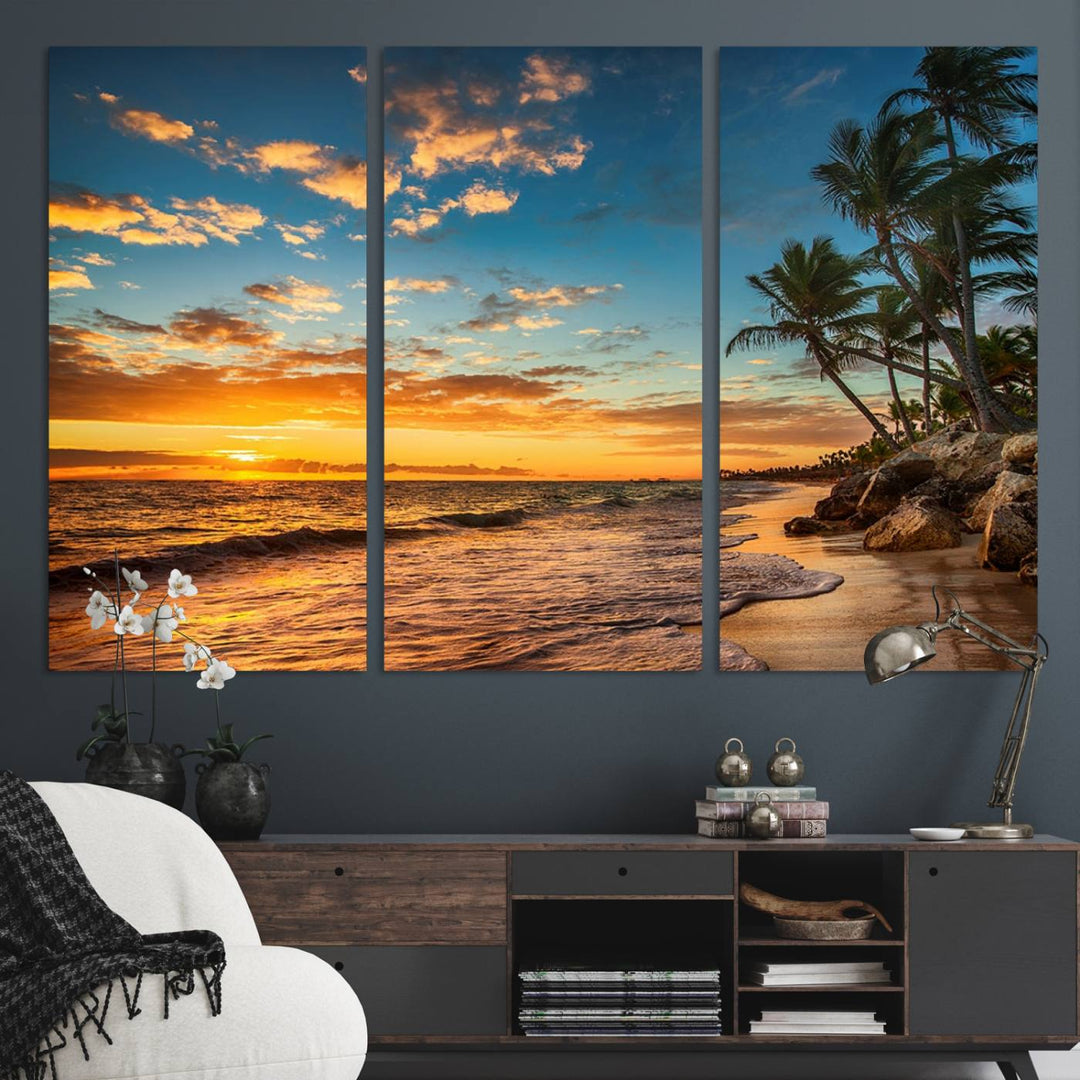 A stunning beach sunset on a museum-quality Sunset Wall Art Canvas Print adorns the kitchen wall.