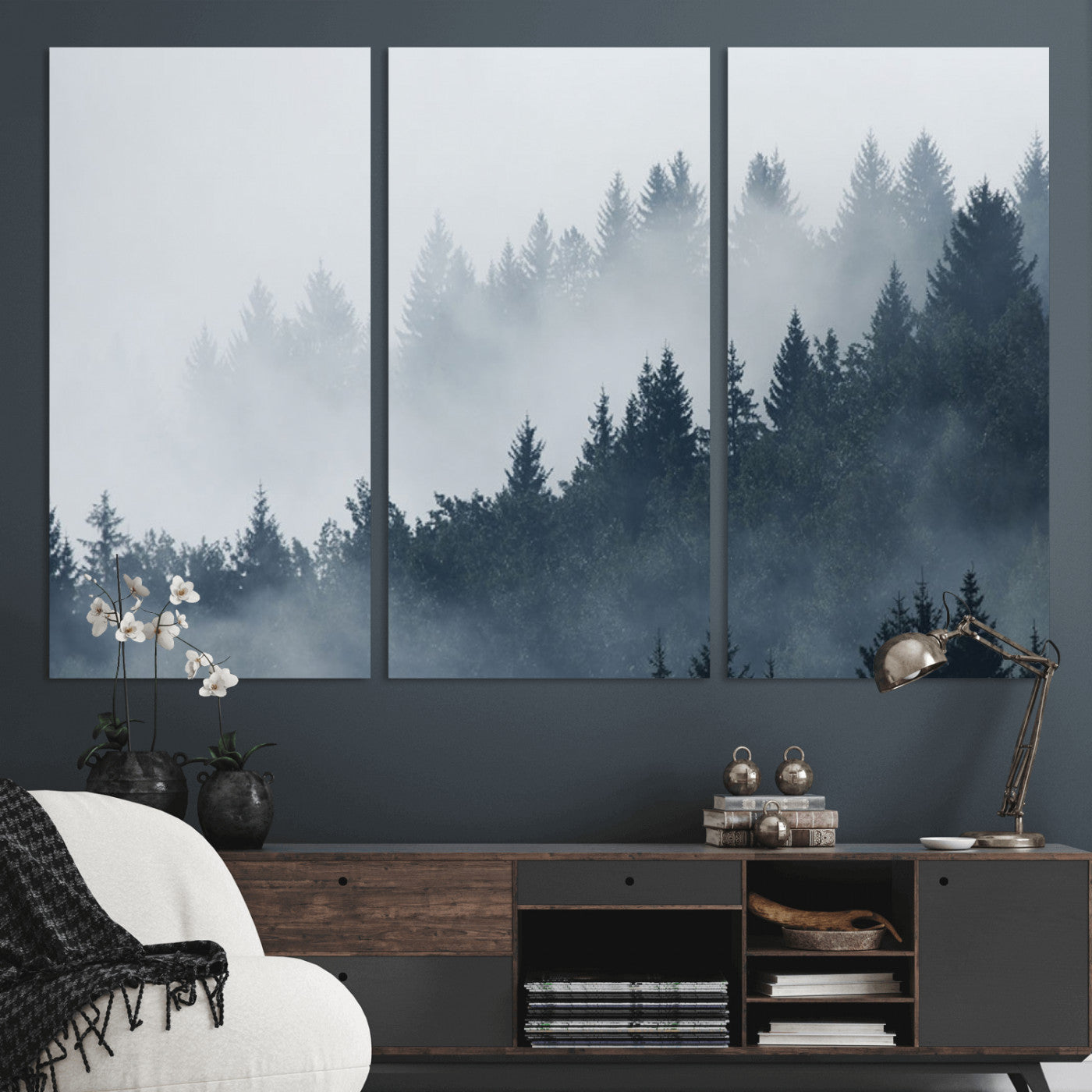 MGV-CV-48X32-3P - Misty Forest Wall Art Print – Foggy Pine Tree Canvas Print – Dark Woodland Nature Artwork – Perfect for Minimalist and Modern Home Decor