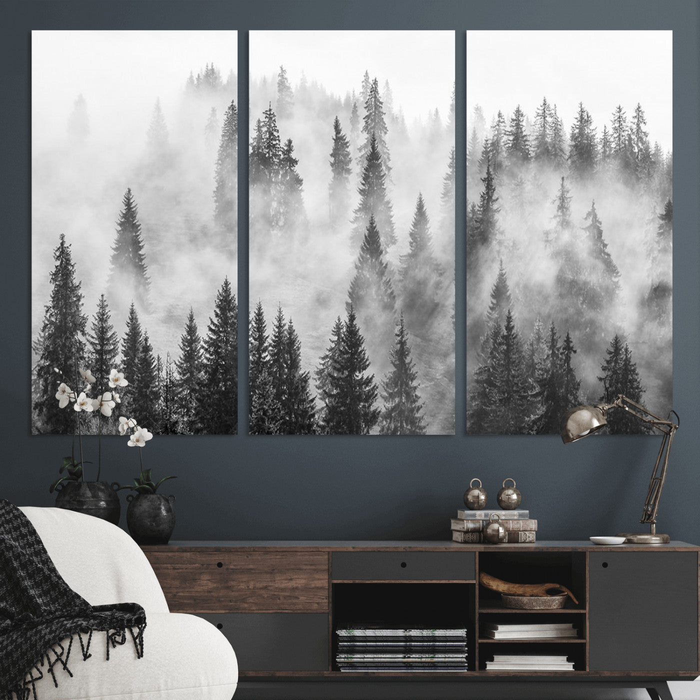 10422-MGV-CV-36X24-Forest Wall Art Print | Foggy Pine Forest Canvas Wall Art - Black and White Nature Decor for Living Room