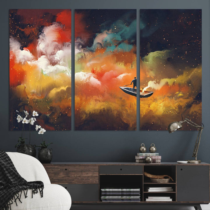 Surreal Space Adventure Canvas Wall Art features a person in a boat.