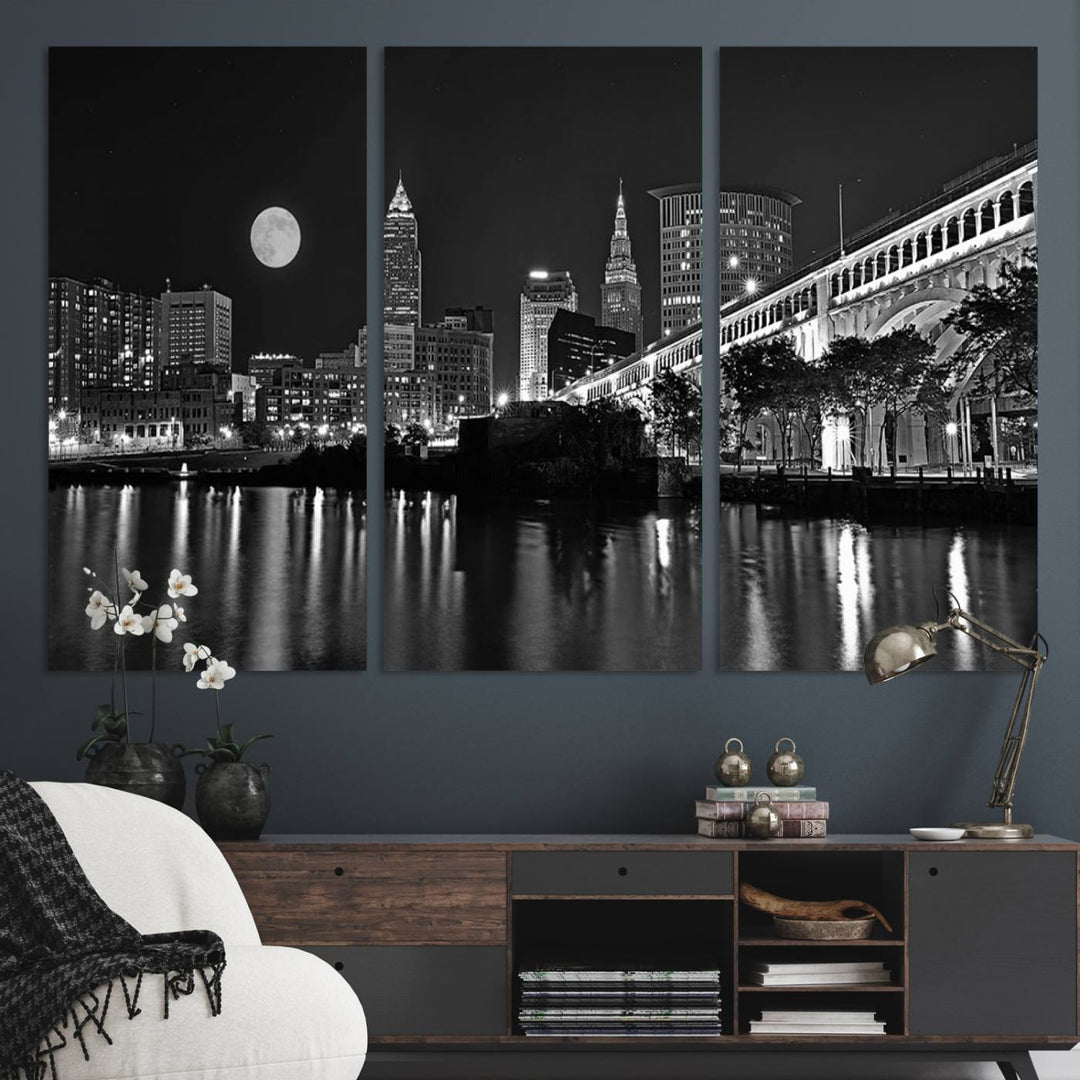 Cleveland Night Skyline Canvas Print: A museum-quality piece, ready to hang, featuring a stunning full moon and its reflections below.