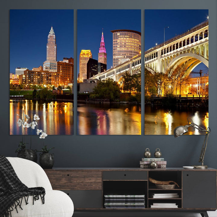 The Cleveland City Lights Canvas showcases a lit-up bridge and cityscape at night.