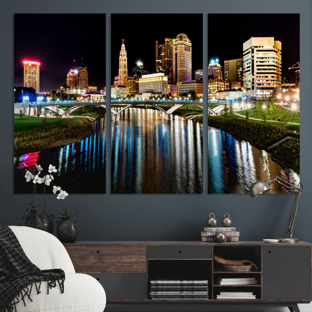 The Columbus City Lights Night Skyline Wall Art Canvas Print adorns the wall.