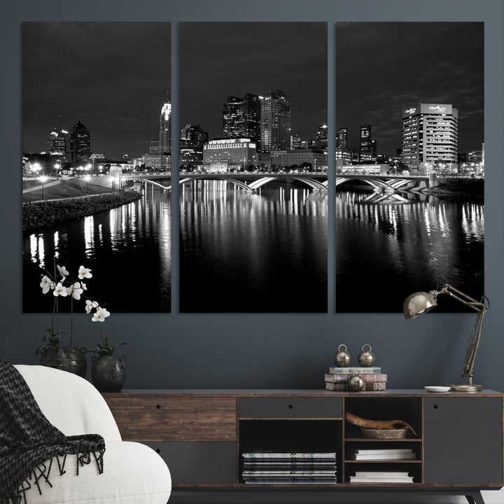 Columbus City Lights Skyline canvas print in black and white, featuring museum-quality craftsmanship and free shipping.