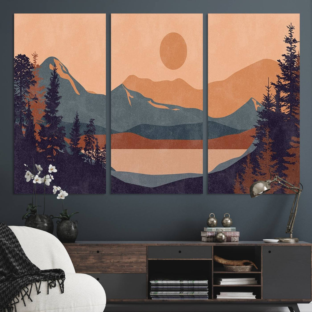 The Modern Boho Sunset Triptych displays a mountain sunset.