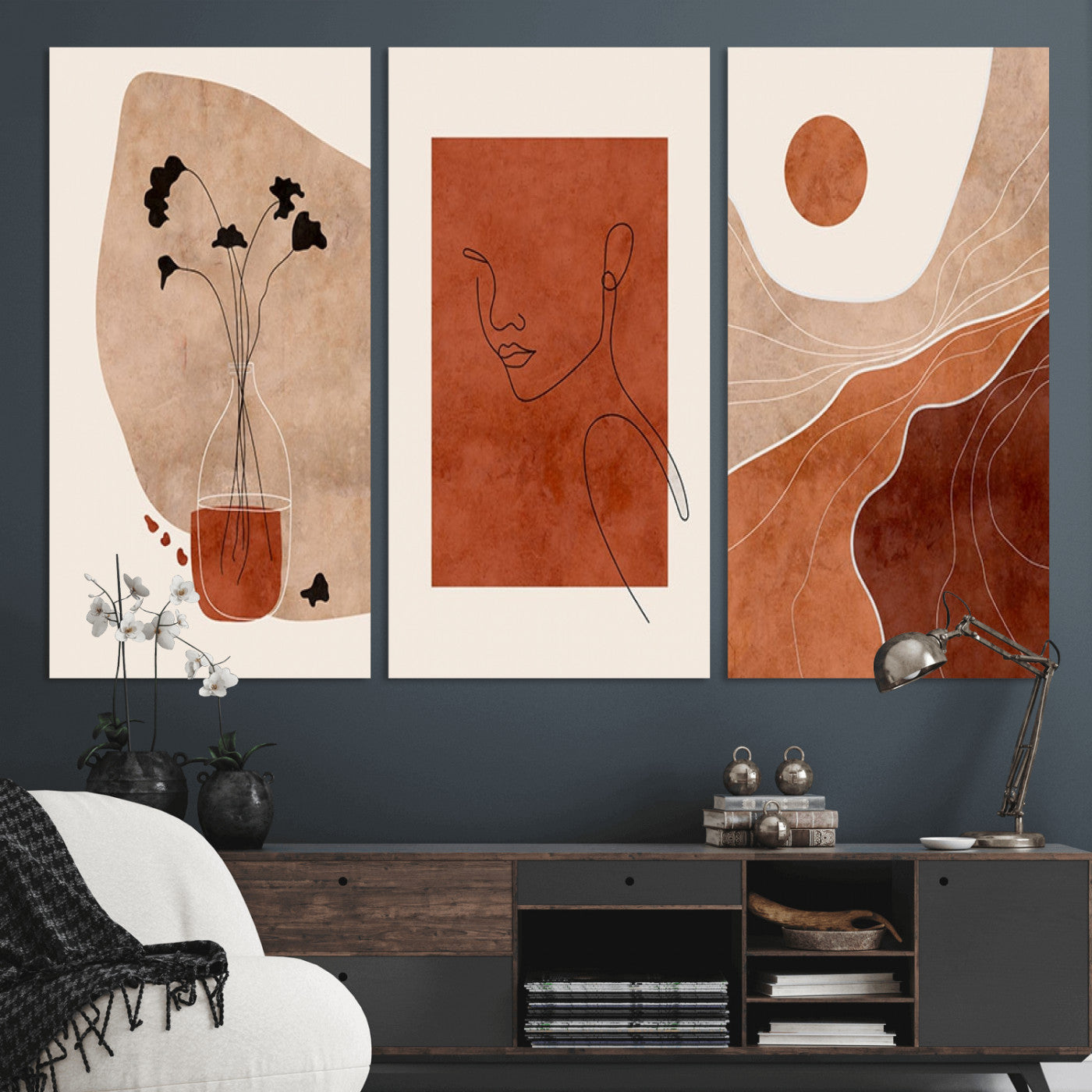 MGV-CV-48X32-3P - Boho Sunset Mountain Canvas Print, Modern Boho Sunset Mountain Landscape Triptych – Giclée Canvas