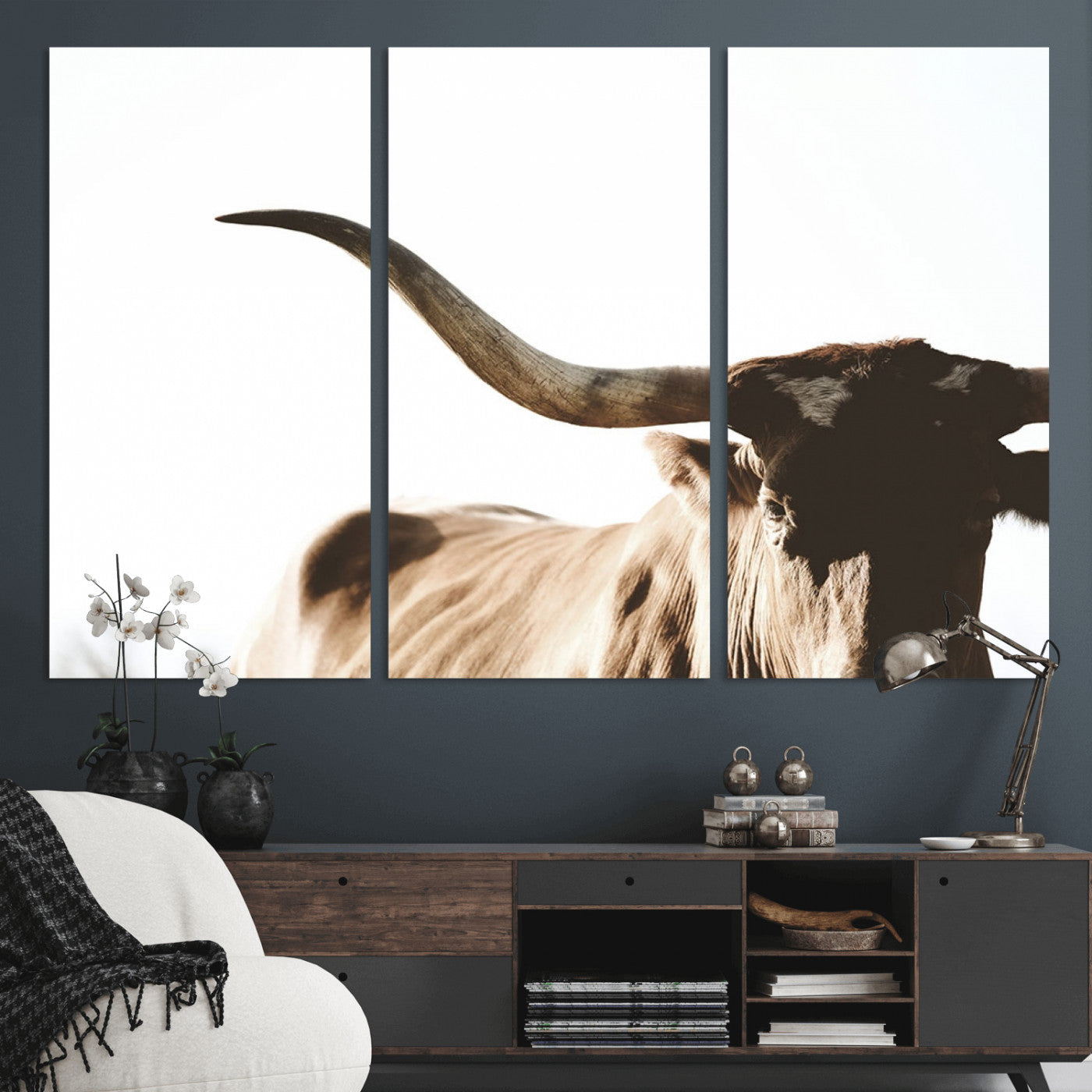 MGV-CV-48X32-3P - Texas Longhorn Wall Art Canvas Print | 3-Panel Large Longhorn Canvas Print for Living Room, Framed Gallery Wrap Office, Rustic Western Cowboy Decor