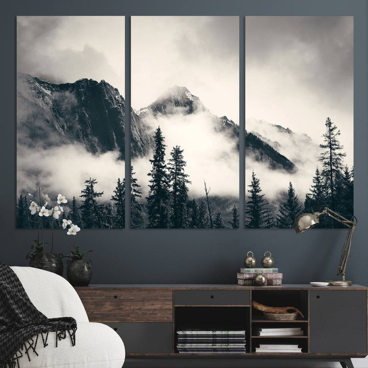 A large foggy mountain forest canvas print hangs prominently in the room.