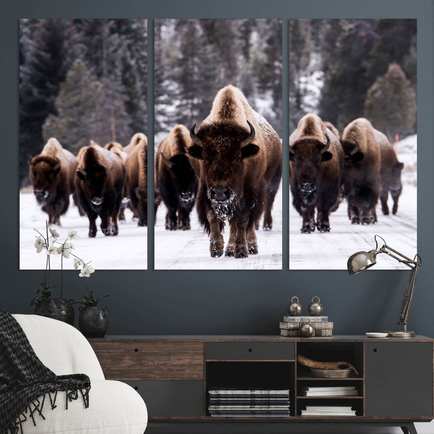 MGV-CV-48X32-3P - Bison Wall Art Canvas Print- Bison Herd Canvas Wall Art – Majestic Wildlife Photography – Framed and Ready to Hang Nature-Inspired Art - Buffalo Wall Art Print