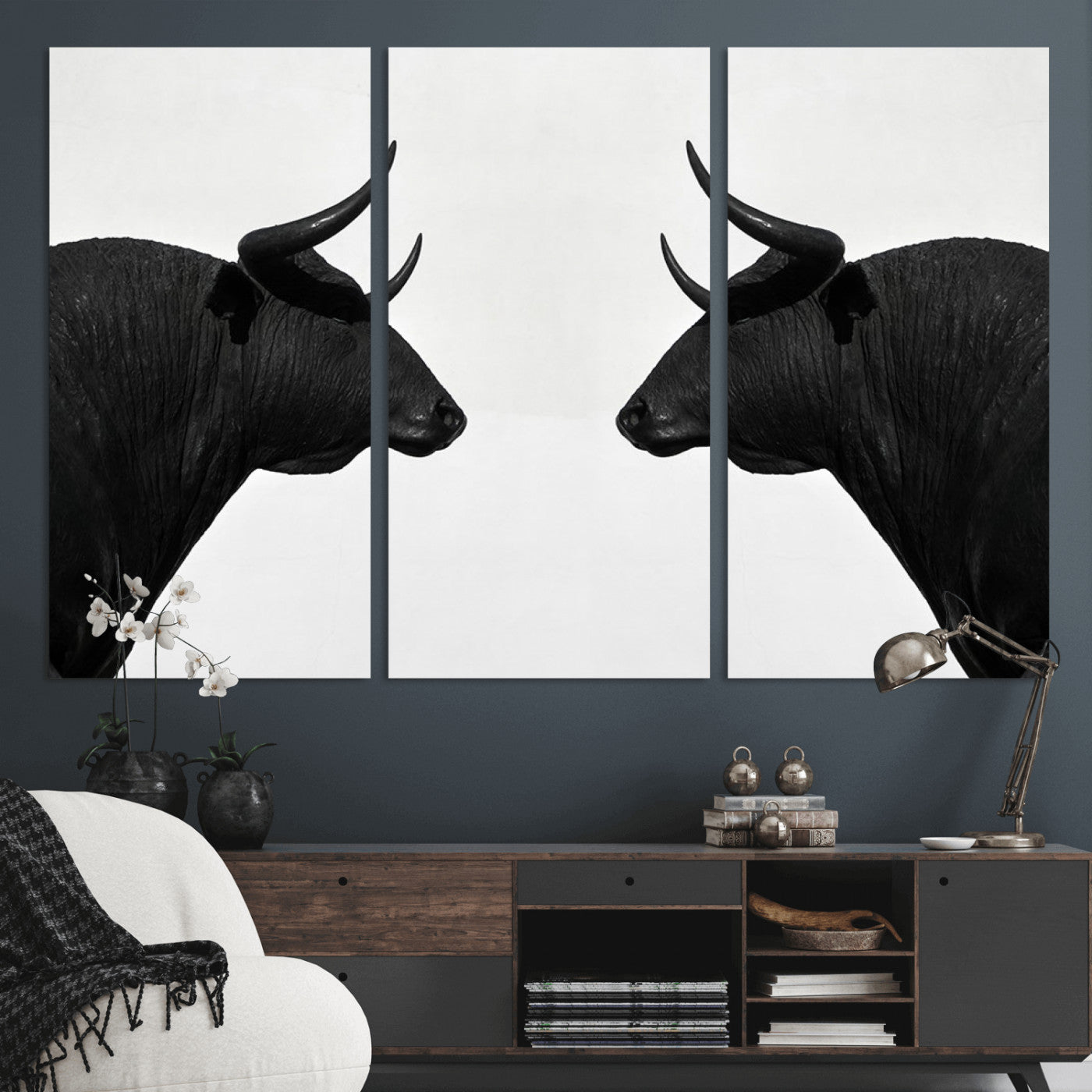 -Spanish Bull Art - Framed Black and White Bull Canvas Print for Modern Rustic Home or Office Decor