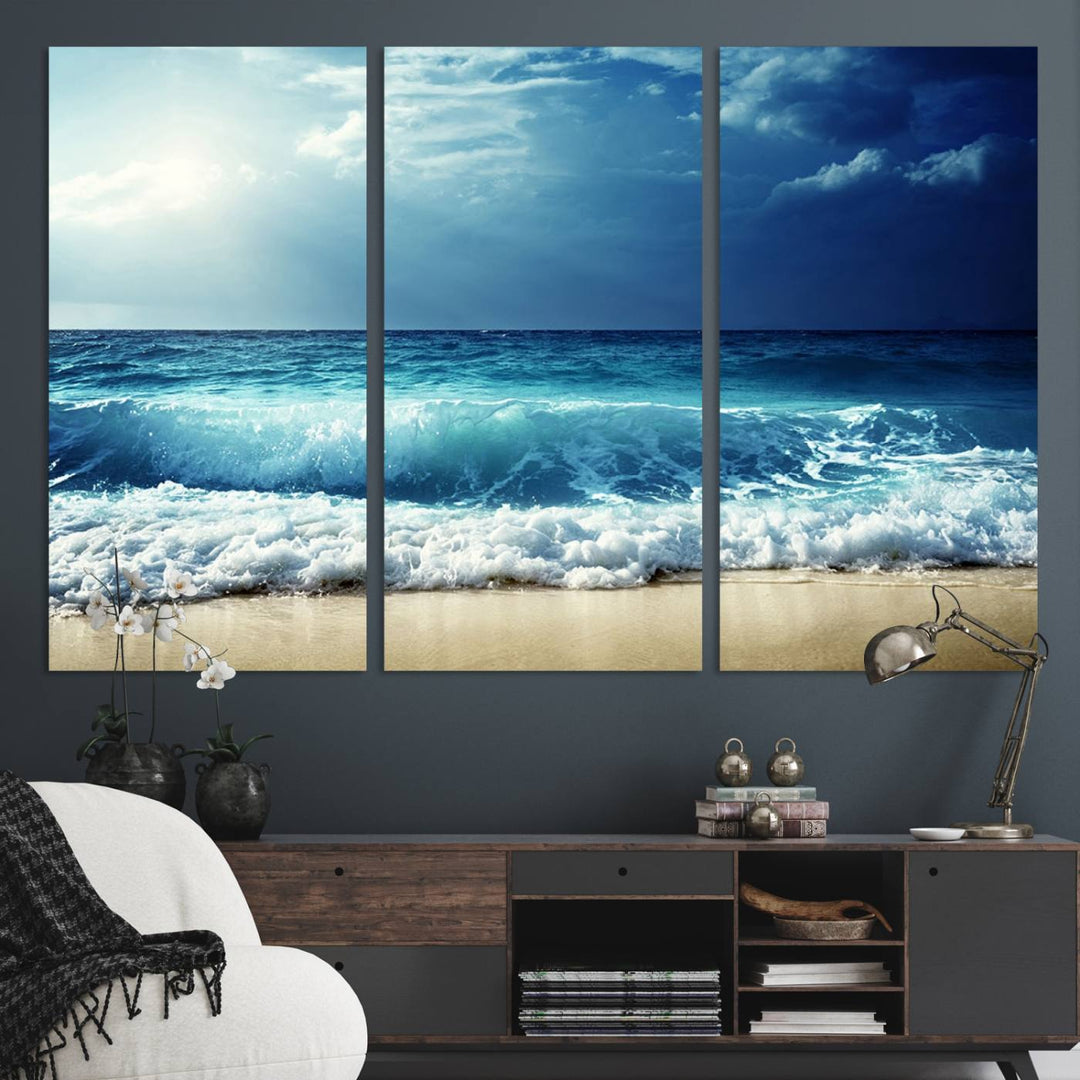 The Majestic Ocean Wave Wall Art Canvas, a 3-panel seascape print, is featured prominently.