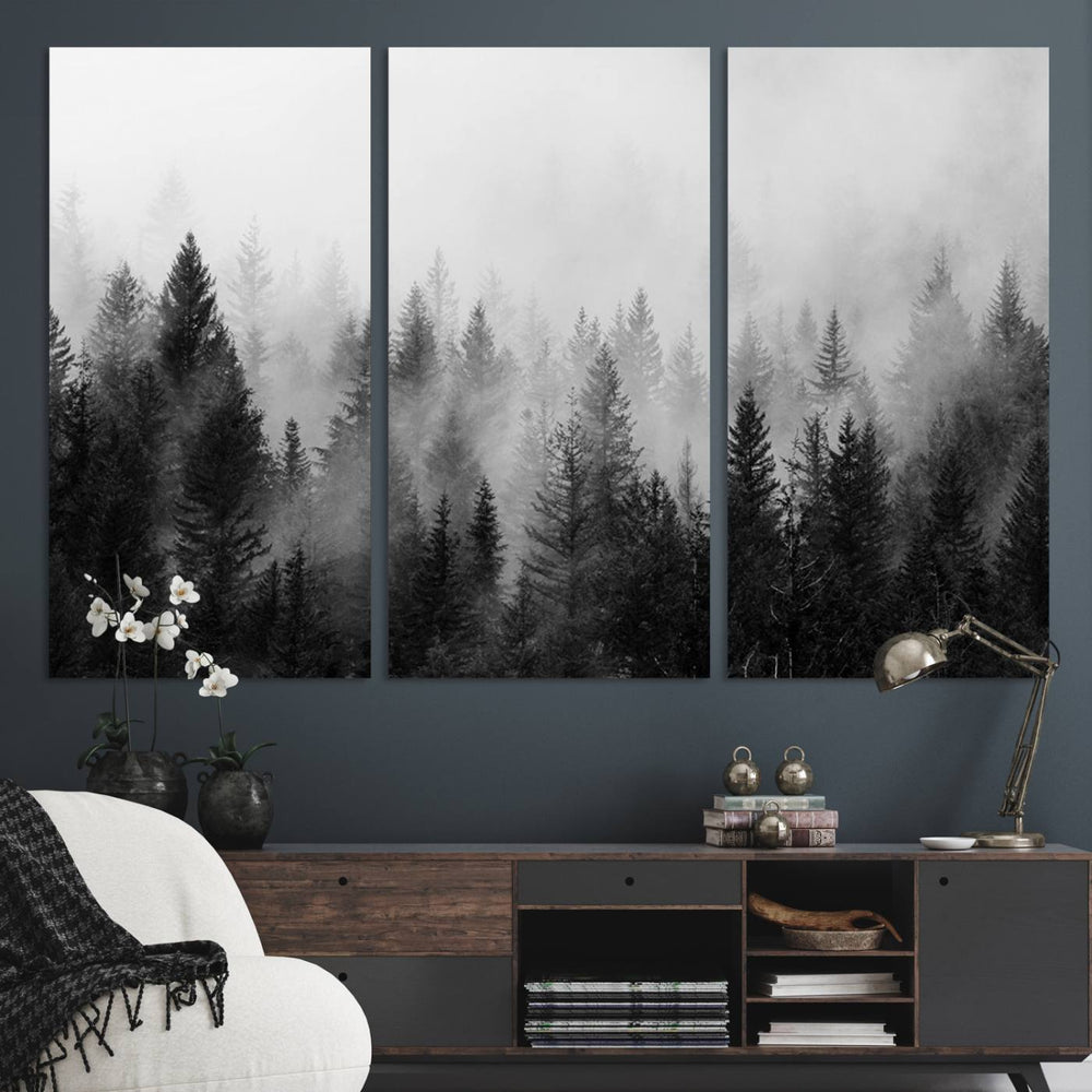 Black and white canvas art depicts a misty pine forest, offering a dense landscape that appeals to nature and woodland art lovers.