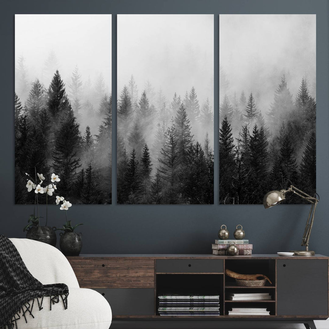 Fogy Forest Canvas Art features misty pines and a mountain landscape.