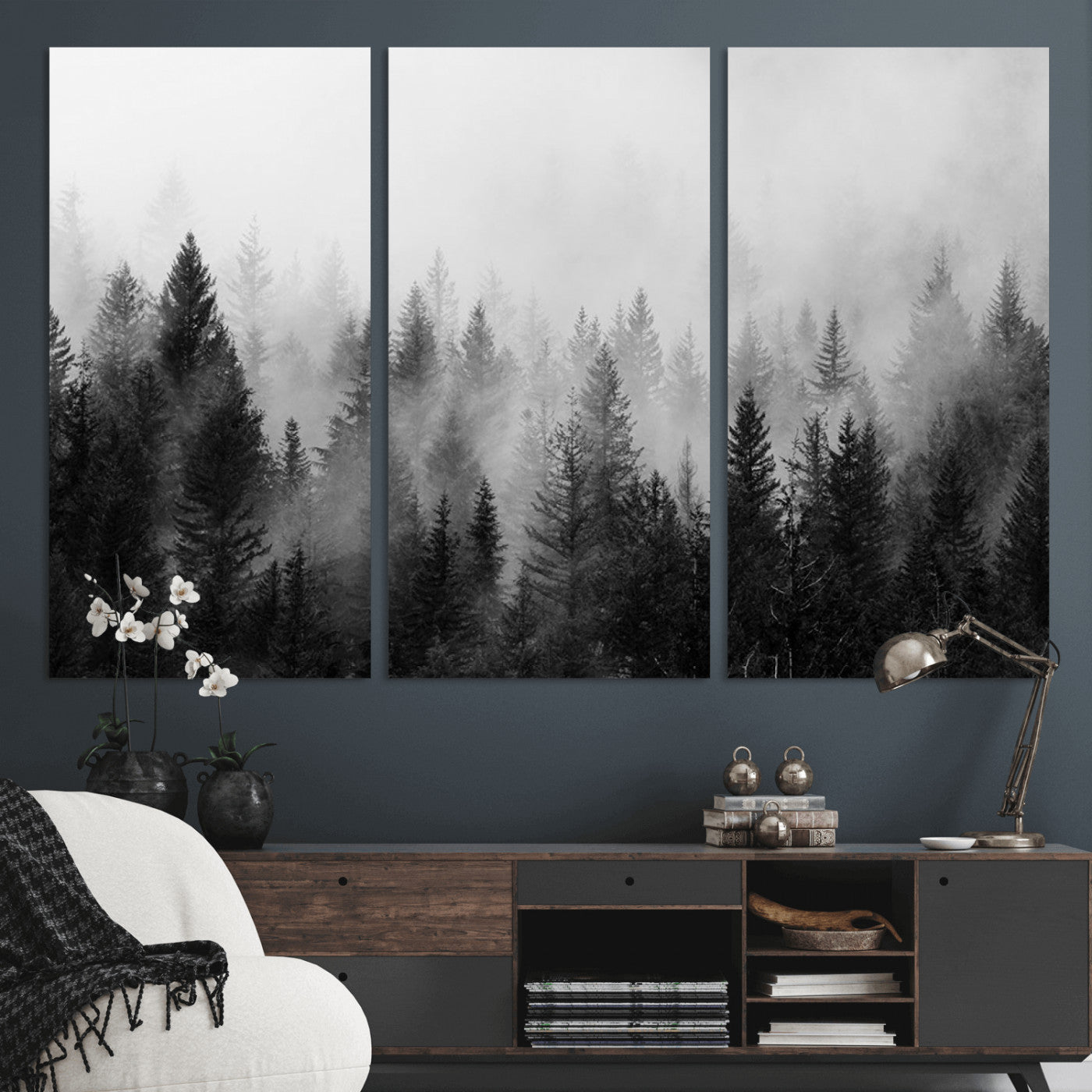 MGV-CV-48X32-3P - Foggy Black and White Forest Wall Art, 3 Panel Misty Pine Trees Canvas Print for Living Room, Office, or Bedroom, Nature-Inspired Woodland Wall Decor