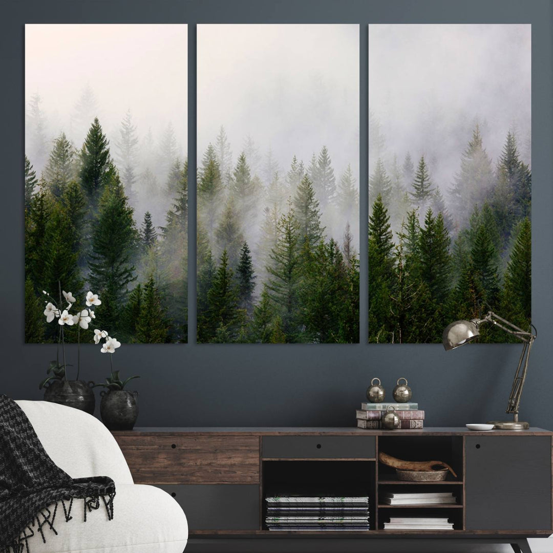 A serene, foggy evergreen forest creates a mysterious atmosphere, ideal for premium canvas wall art.