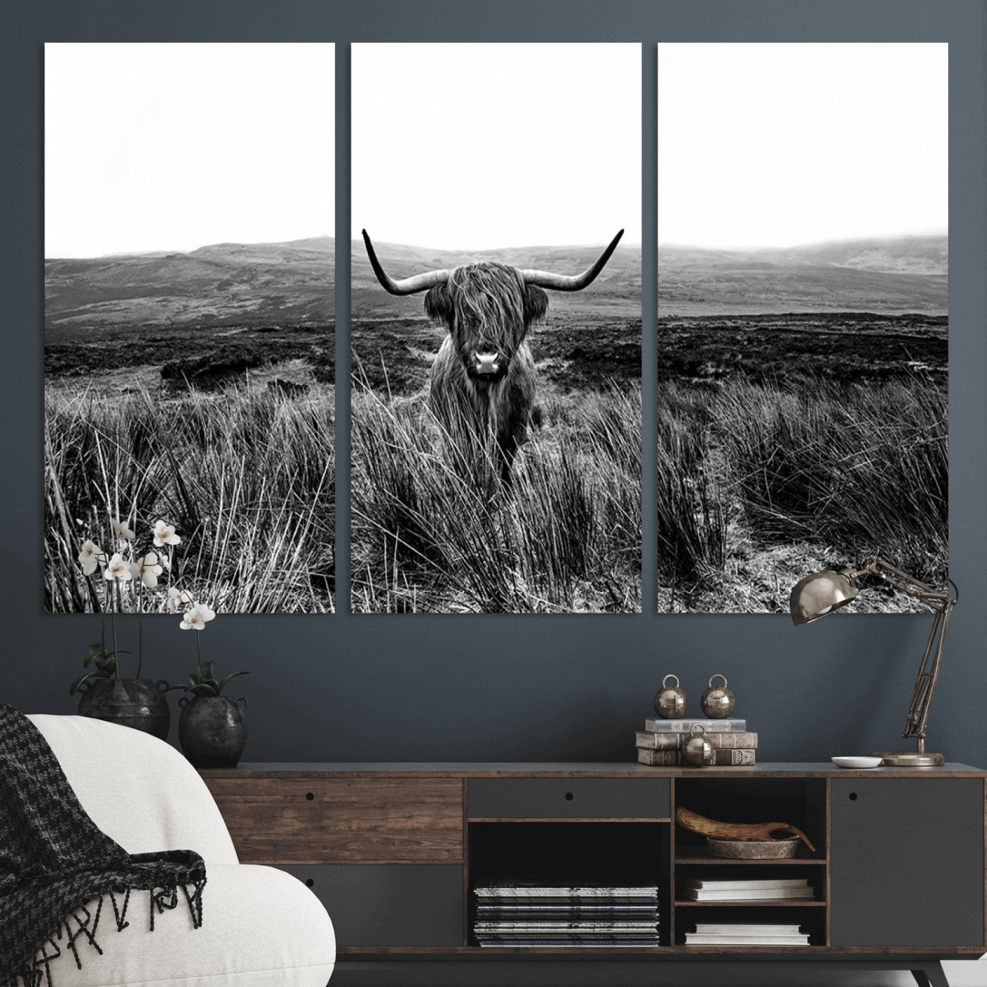 MGV-CV-48X32-3P - Black and White Highland Cow Canvas Wall Art, Longhorn Triptych Western Wall Decor for Cabin -