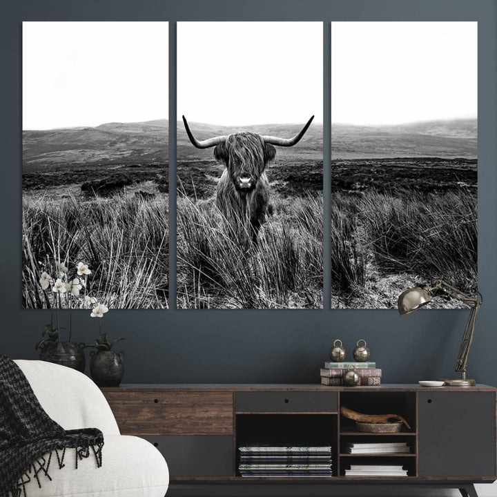 Dining room featuring a Black and White Highland Cow Canvas for a Western-themed decor.