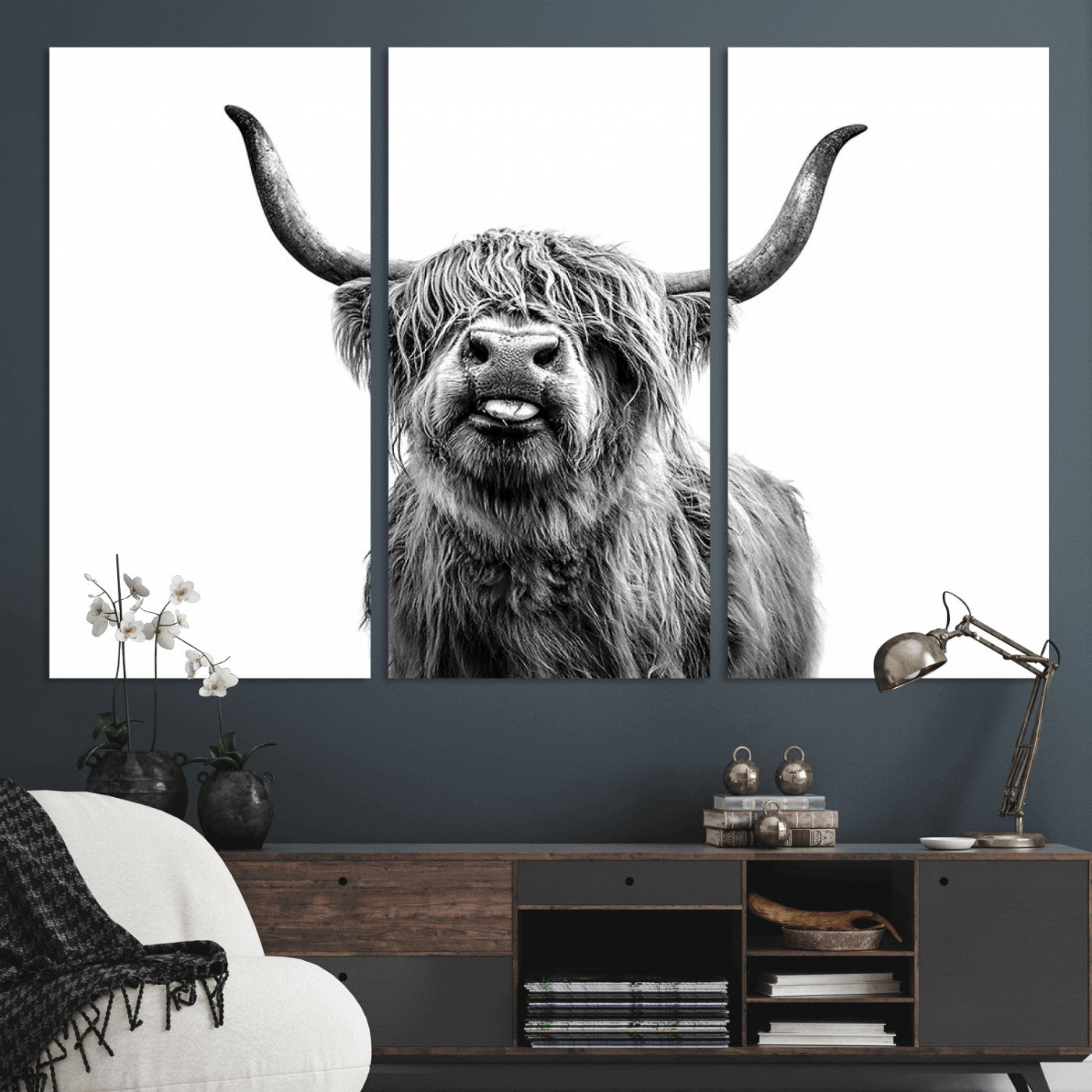 MGV-CV-48X32-3P - Fanny Scottish Highland Cow Cattle Art Print Farmhouse Wall Art Canvas Print
