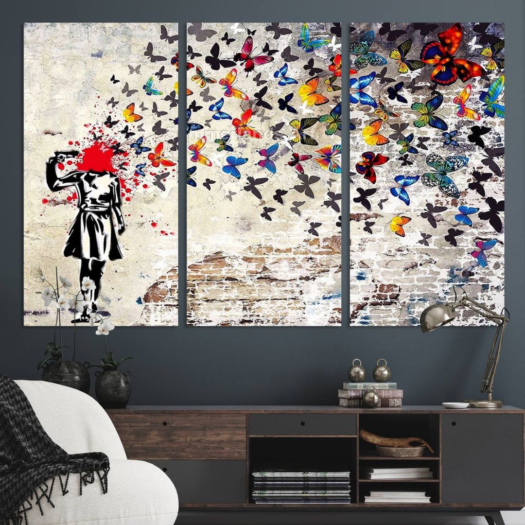 Banksy Art Butterfly Girl Explosion: Vibrant urban graffiti canvas for modern interiors, ready to hang.