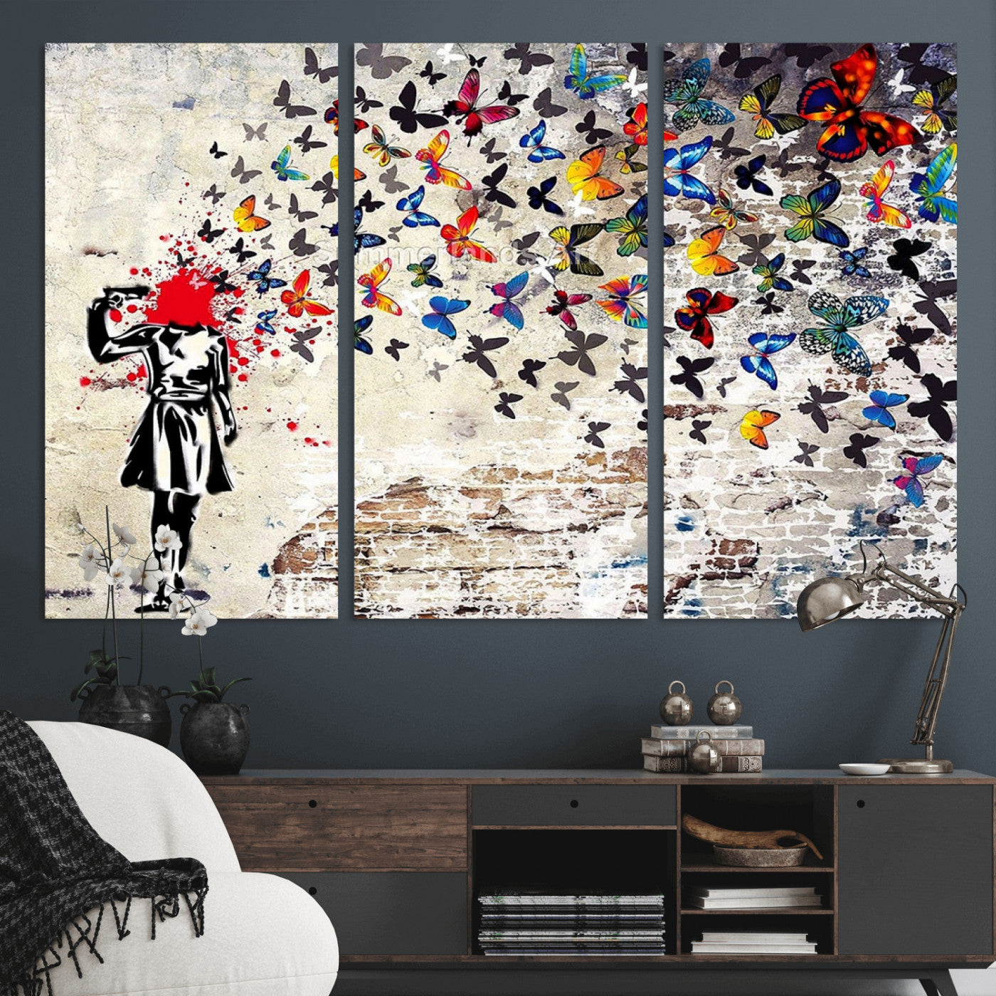 MGV-CV-48X32-3P - Banksy Art Butterfly Girl Explosion Canvas Art – Vibrant Urban Graffiti for Modern Interiors - Ready to Hang