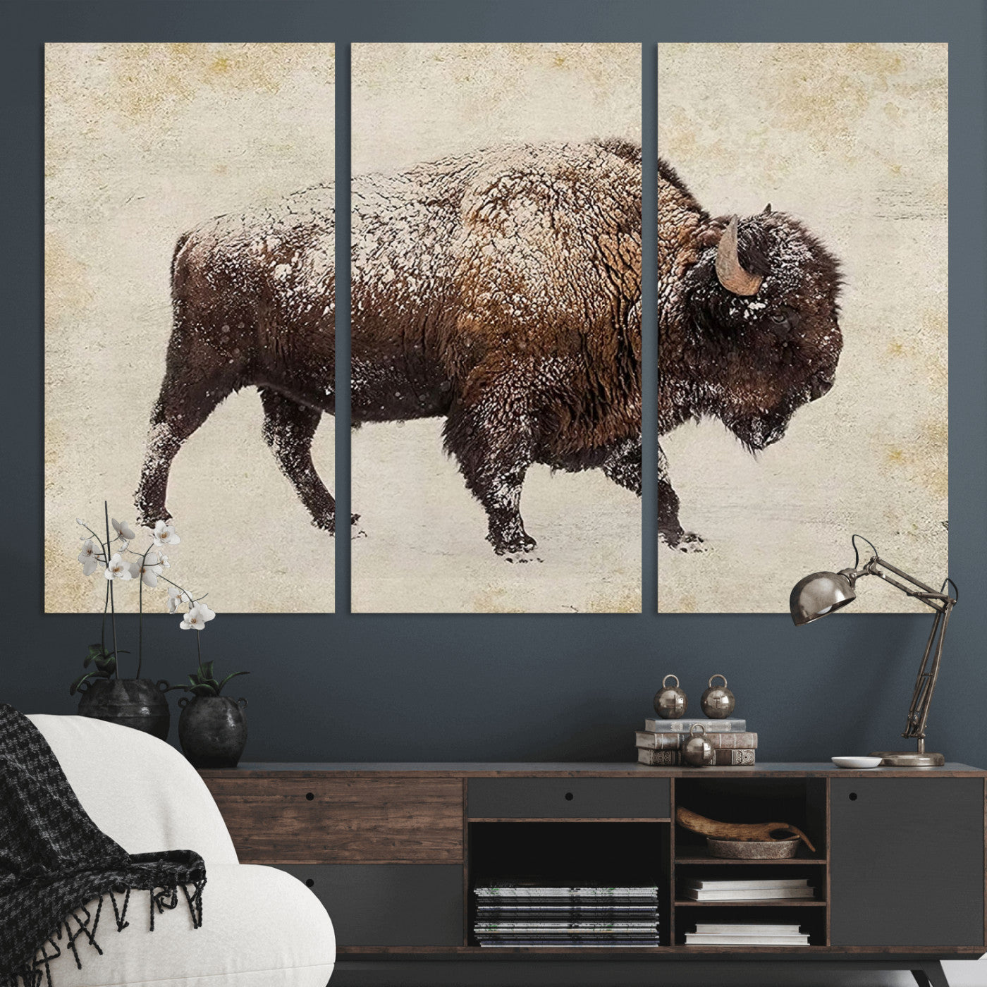 MGV-CV-48X32-3P - Buffalo Wall Art, Western Bison Canvas Print, Rustic Buffalo Art for Cowboy Western Decor, Large Multi-Panel Giclee Canvas for Farmhouse Wall Decor