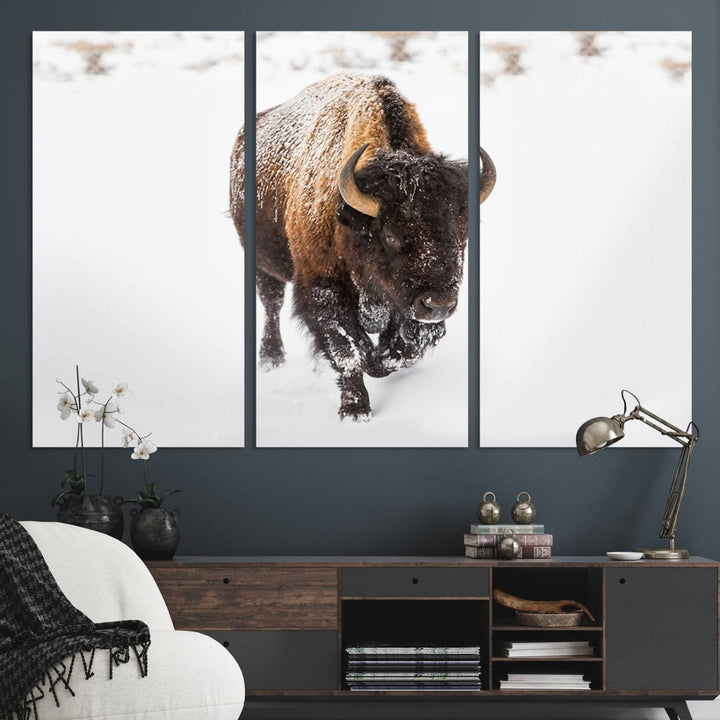 Bison Winter Wall Art Canvas Print for farmhouse decor.