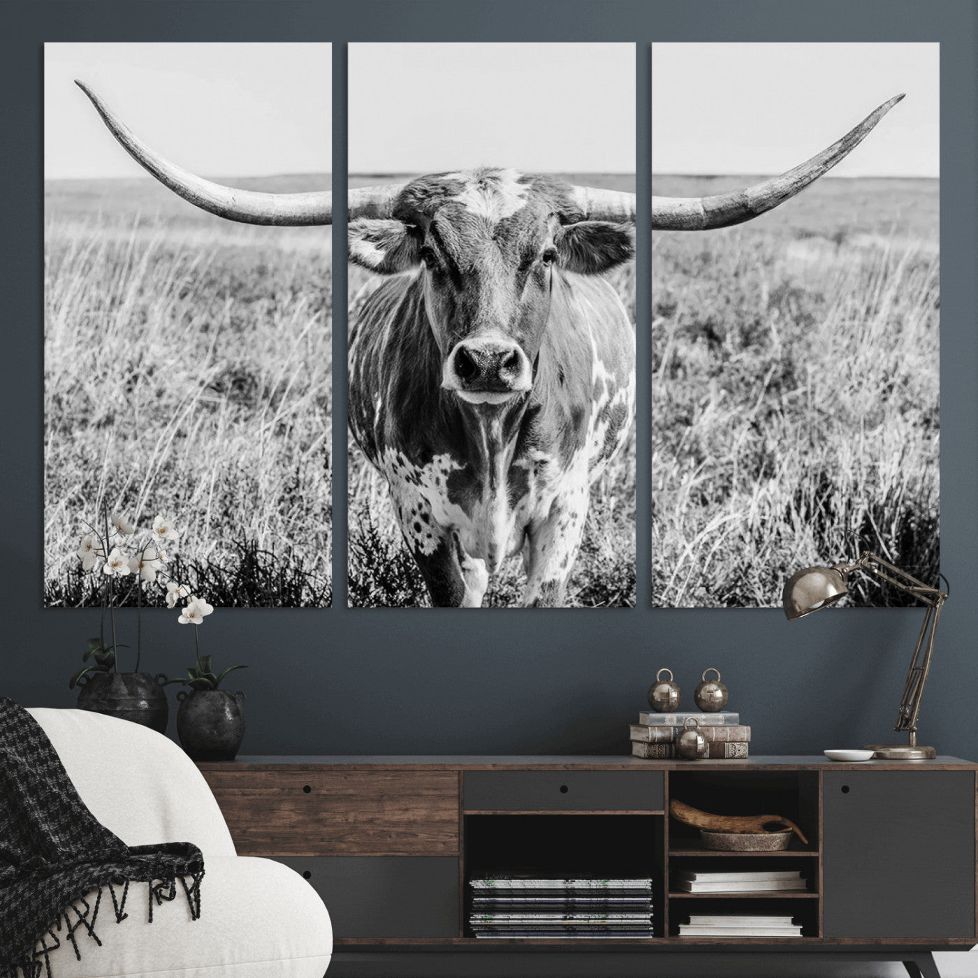MGV-CV-48X32-3P - Texas Cow Longhorn Wall Art Canvas Print for Farm House Wall Decor, Farmhouse Wall Art Print