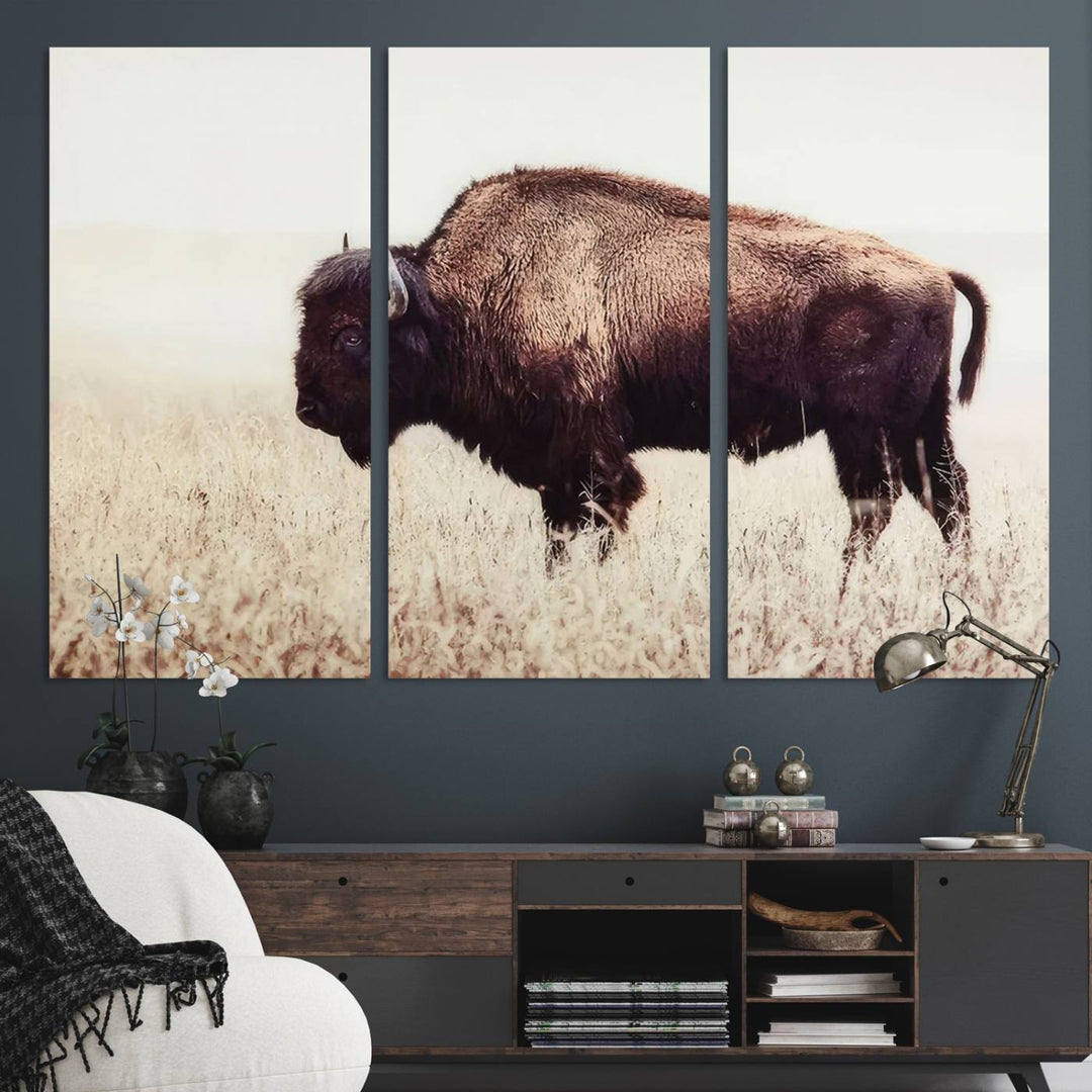 The dining room showcases the Bison in Field canvas print.