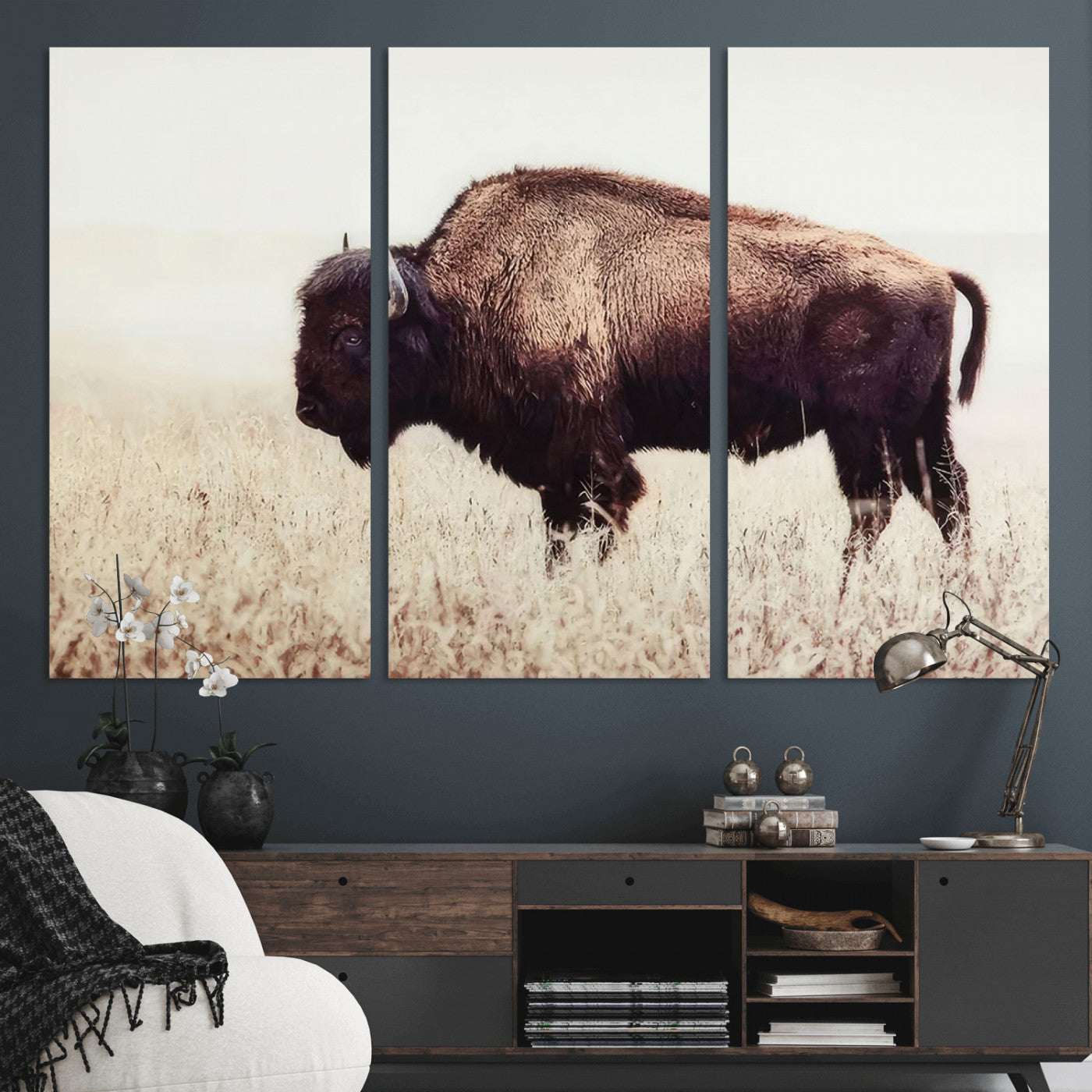 MGV-CV-48X32-3P - Bison in Field Wall Art Canvas Print For Farmhouse Barn Decor