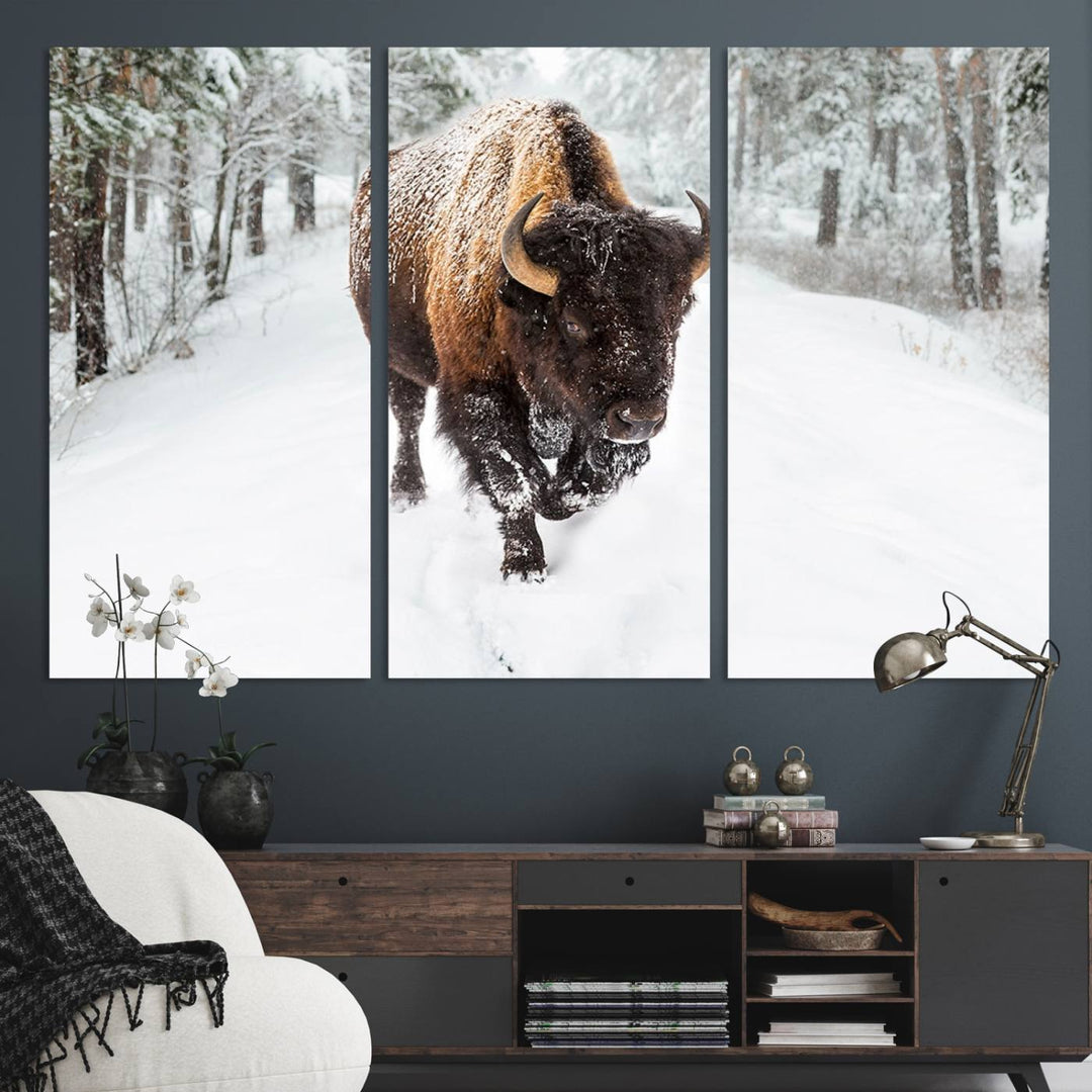 The dining area showcases the Bison Wall Art Canvas Print for Farmhouse.