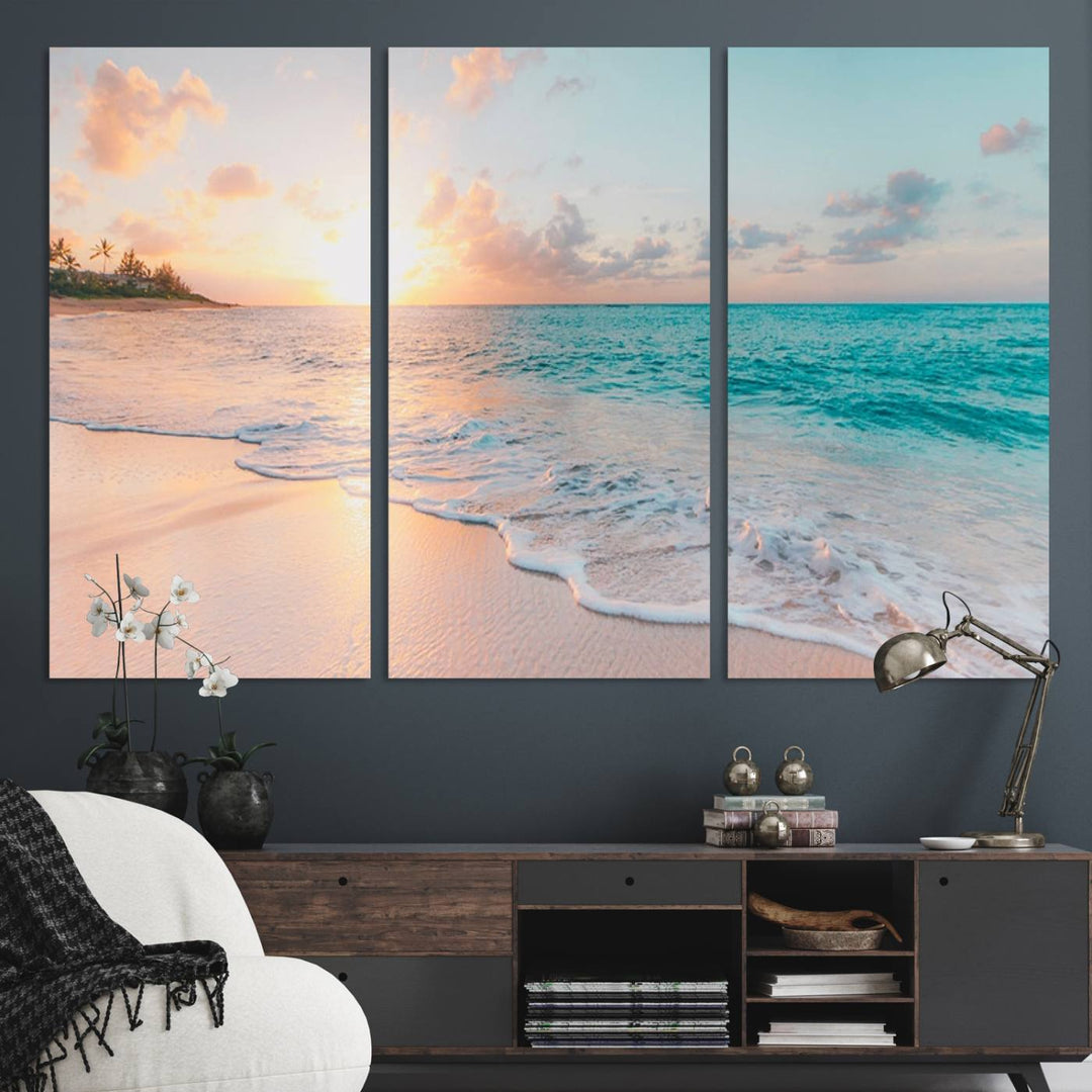 The kitchen features the Beach Sunrise Wall Art, Coastal Sunset Beach Scene.