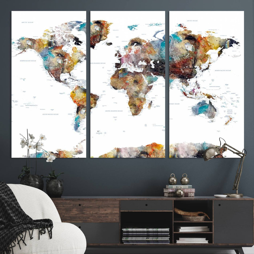 The Abstract World Map Triptych Wall Art enhances the modern dining area.