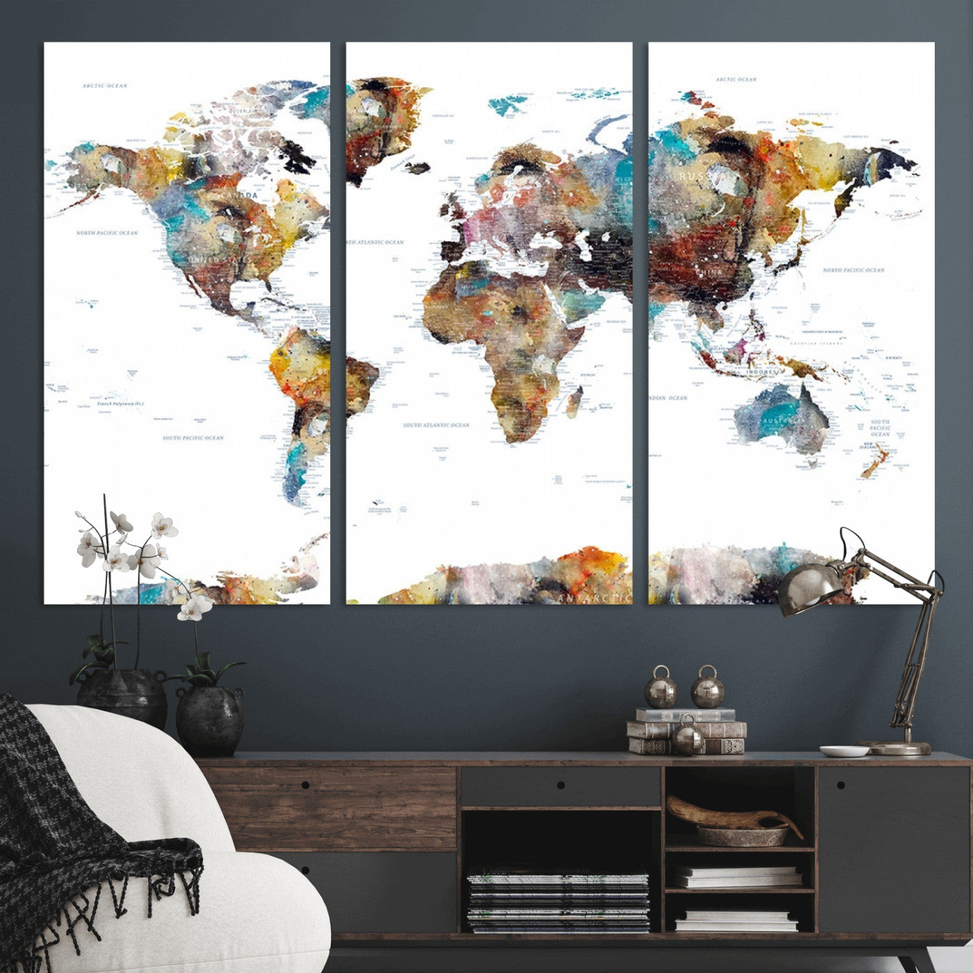 MGV-CV-48X32-3P - Push Pin World Map Canvas Print – Framed Wall Art for Couples to Track Their Travels – Anniversary