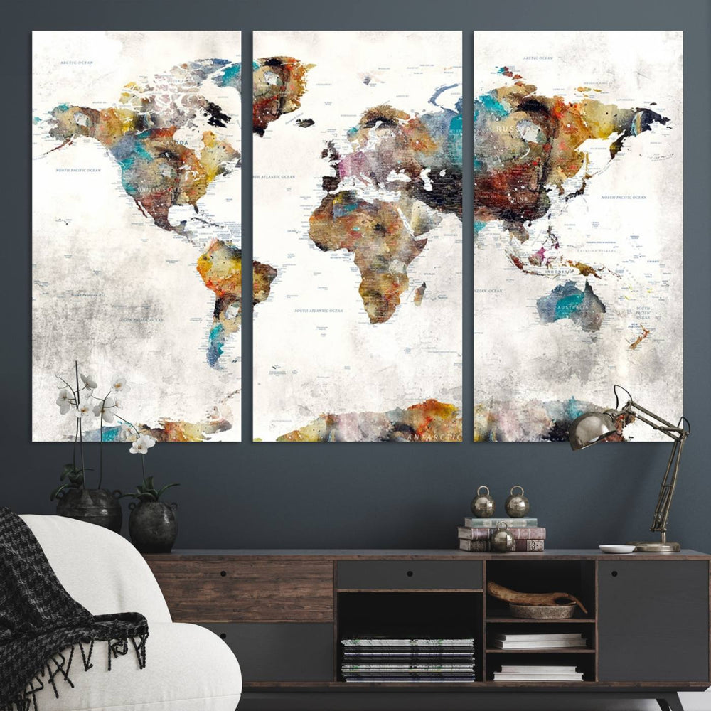 The Colorful World Map Wall Art Canvas Print adds vibrance to the space, ideal for geography lovers.