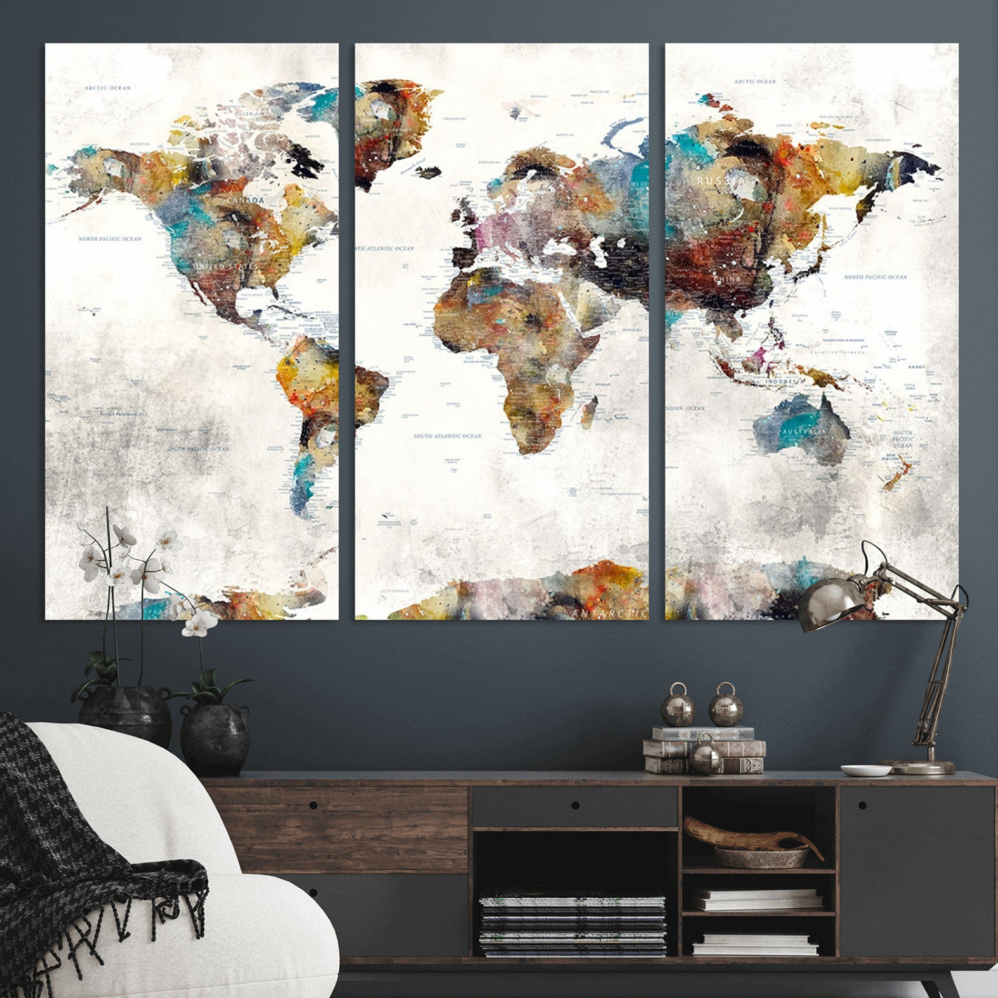MGV-CV-48X32-3P - Push Pin World Map Canvas Print – Framed Wall Art for Couples to Track Their Travels – Anniversary