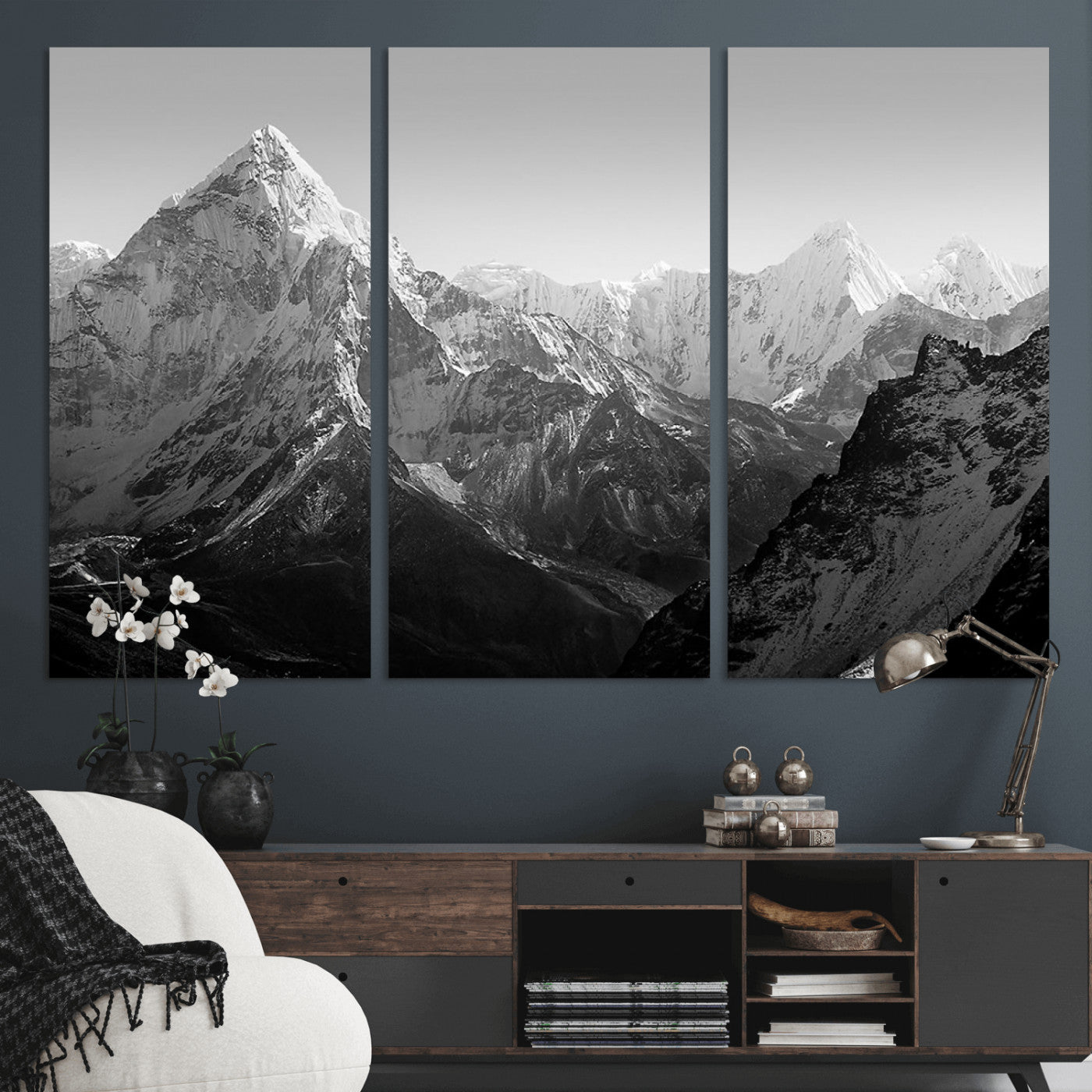MGV-CV-48X32-3P - Everest Himalaya Mountain Peaks Black & White Triptych Canvas Art – Mountain Wall Decor for Minimalist Interiors