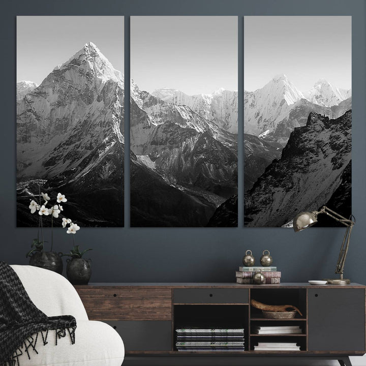 Everest Himalaya Mountain Peaks Black & White Triptych Canvas Art – Mountain Wall Decor for Minimalist Interiors