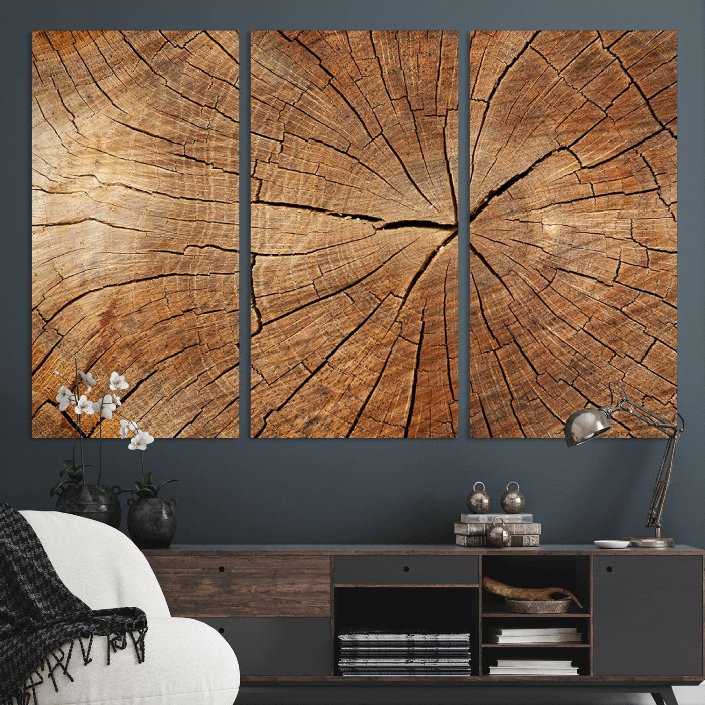 MGV-CV-48X32-3P - Tree Ring Canvas Art, Rustic Wood Grain Wall Art, Tree Slice Decor for Modern Homes, Giclee Multi-Panel Print, Tree Ring Wall Art Set